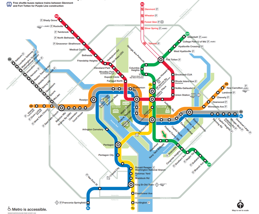 DC Metro Map with Navy Yard - Ballpark Station marked on Green Line